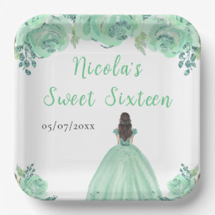 Brown Hair Princess Mint Floral Sweet Sixteen  Paper Plate