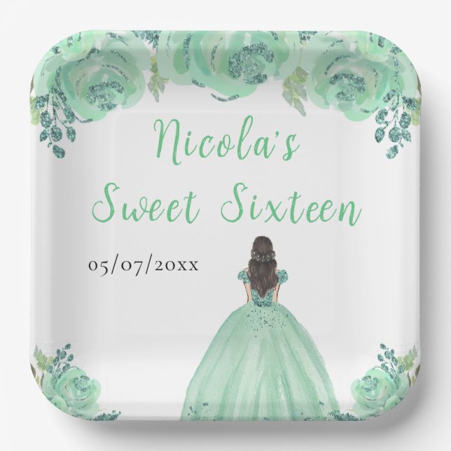 Brown Hair Princess Mint Floral Sweet Sixteen  Paper Plate (Front)