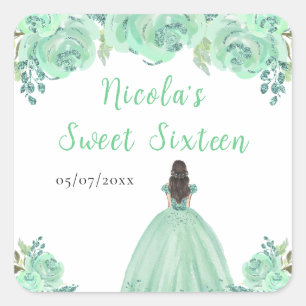 Brown Hair Princess Mint Floral Sweet Sixteen Square Sticker