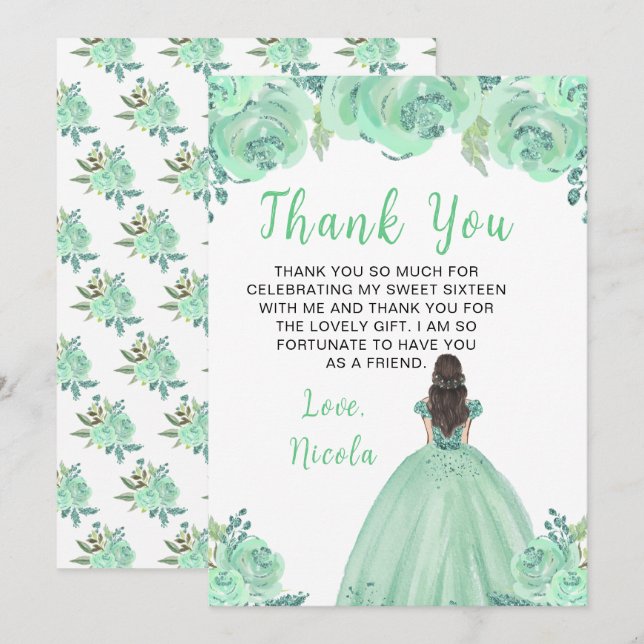 Brown Hair Princess Mint Floral Sweet Sixteen  Thank You Card (Front/Back)