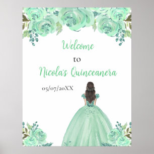 Brown Hair Princess Mint Quinceanera Welcome Poster
