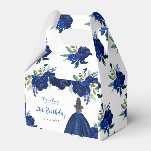 Brown Hair Princess Navy Floral Birthday Party Favour Box (Front Side)