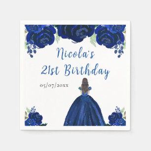 Brown Hair Princess Navy Floral Birthday Party Napkin