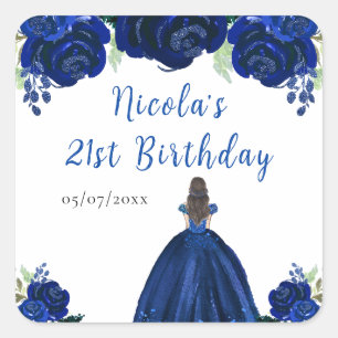 Brown Hair Princess Navy Floral Birthday Party Square Sticker
