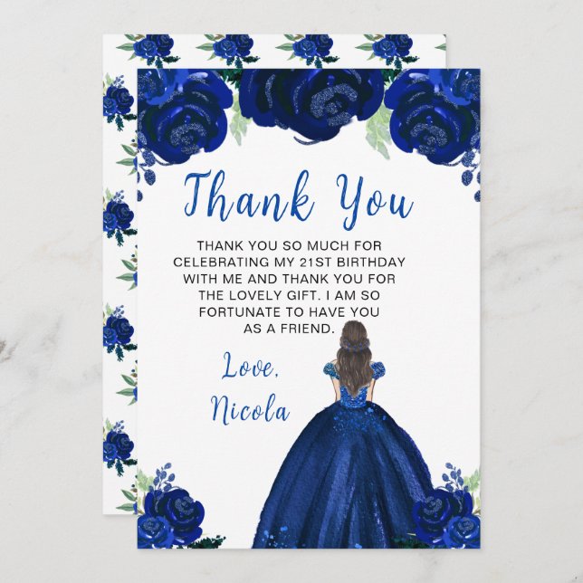 Brown Hair Princess Navy Floral Birthday Party Thank You Card (Front/Back)