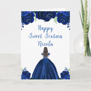 Brown Hair Princess Navy Floral Sweet Sixteen  Card