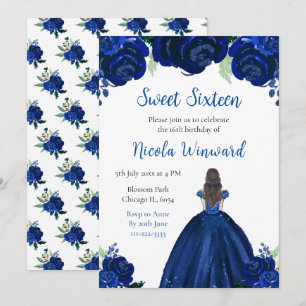 Brown Hair Princess Navy Floral Sweet Sixteen Invitation