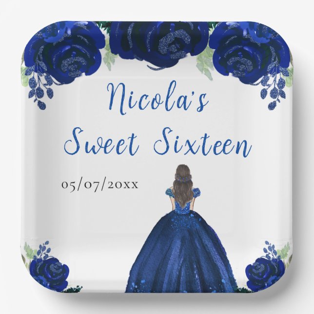 Brown Hair Princess Navy Floral Sweet Sixteen  Paper Plate (Front)