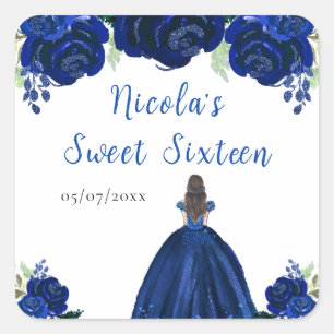 Brown Hair Princess Navy Floral Sweet Sixteen  Square Sticker