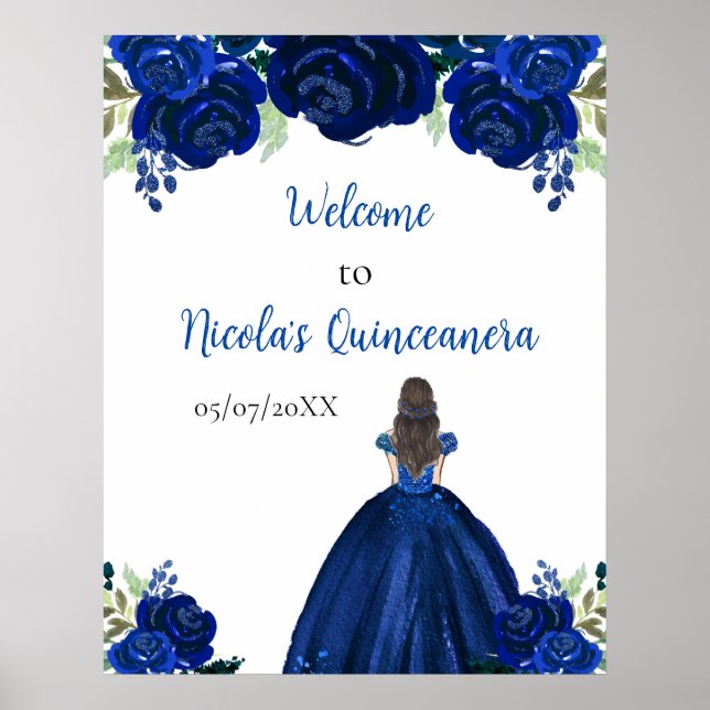 Brown Hair Princess Navy Quinceanera Welcome Poster (Front)