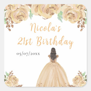 Brown Hair Princess Peach Floral Birthday Party Square Sticker