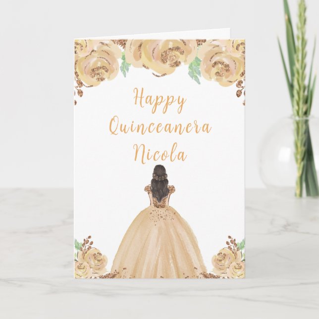 Brown Hair Princess Peach Floral Quinceanera Card (Front)
