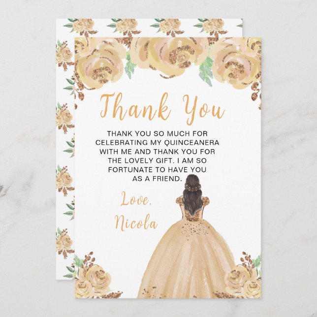 Brown Hair Princess Peach Floral Quinceanera Thank You Card (Front/Back)