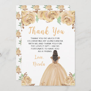 Brown Hair Princess Peach Floral Quinceanera Thank You Card