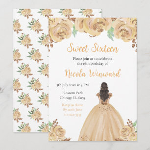 Brown Hair Princess Peach Floral Sweet Sixteen Invitation