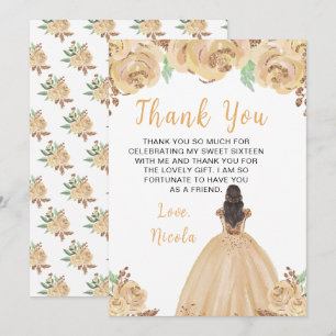 Brown Hair Princess Peach Floral Sweet Sixteen Thank You Card