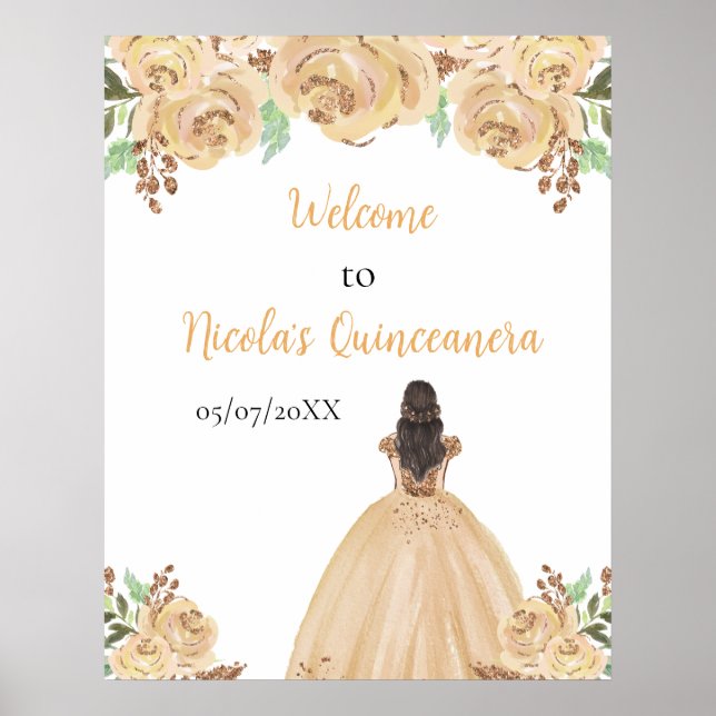 Brown Hair Princess Peach Quinceanera Welcome Poster (Front)