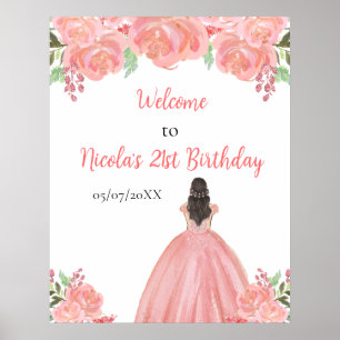 Brown Hair Princess Pink Floral Birthday Welcome Poster