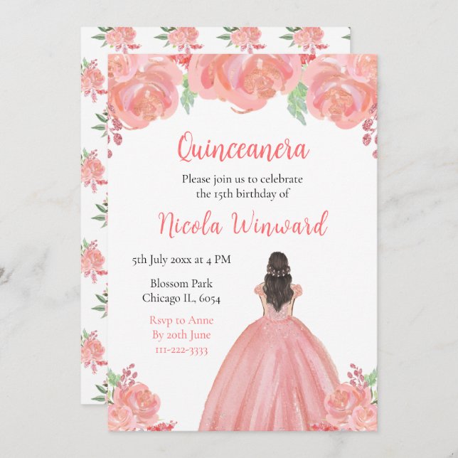 Brown Hair Princess Pink Floral Quinceanera Invitation (Front/Back)