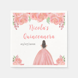 Brown Hair Princess Pink Floral Quinceanera Napkin