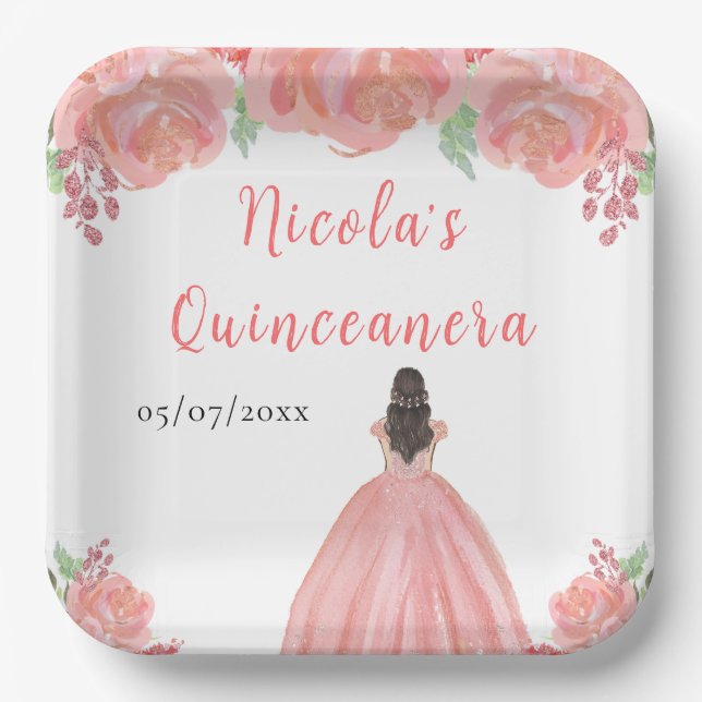 Brown Hair Princess Pink Floral Quinceanera Paper Plate (Front)