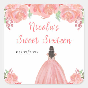Brown Hair Princess Pink Floral Sweet Sixteen  Square Sticker