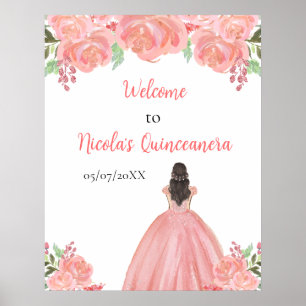 Brown Hair Princess Pink Quinceanera Welcome Poster