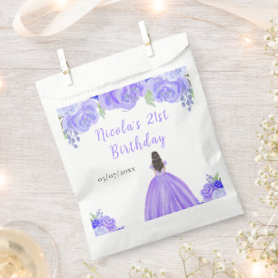 Brown Hair Princess Purple Floral Birthday Party Favour Bag