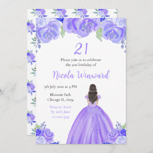 Brown Hair Princess Purple Floral Birthday Party Invitation