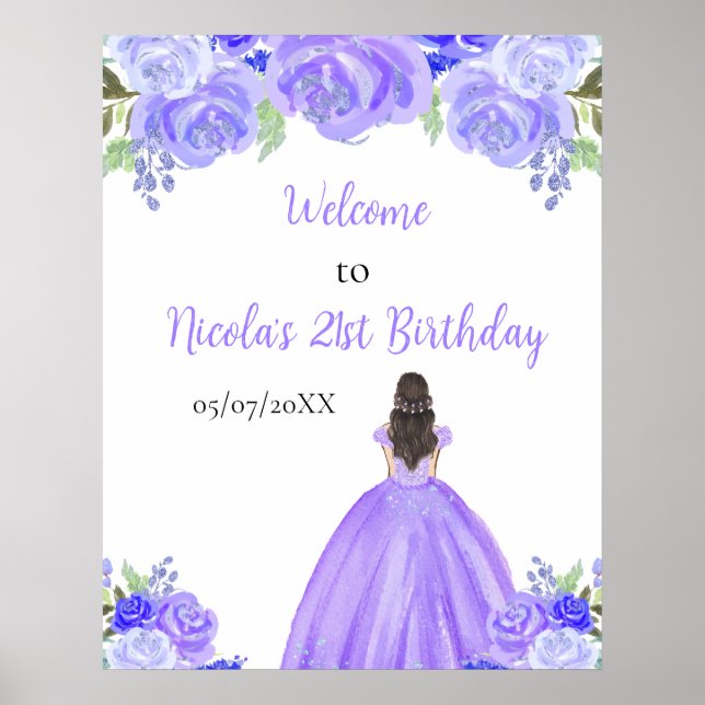 Brown Hair Princess Purple Floral Birthday Welcome Poster (Front)