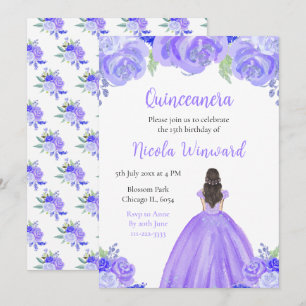 Brown Hair Princess Purple Floral Quinceanera Invitation