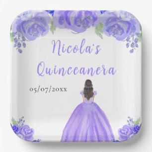 Brown Hair Princess Purple Floral Quinceanera Paper Plate
