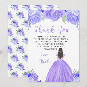 Brown Hair Princess Purple Floral Quinceanera Thank You Card