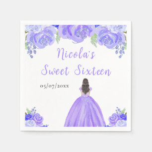 Brown Hair Princess Purple Floral Sweet Sixteen  Napkin