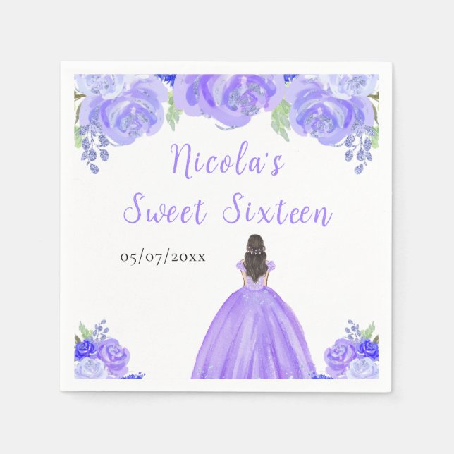 Brown Hair Princess Purple Floral Sweet Sixteen  Napkin (Front)