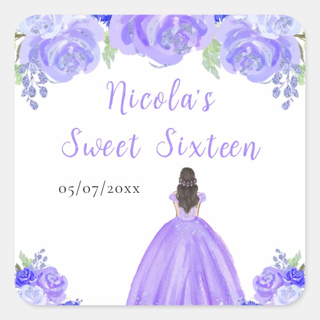 Brown Hair Princess Purple Floral Sweet Sixteen  Square Sticker (Front)