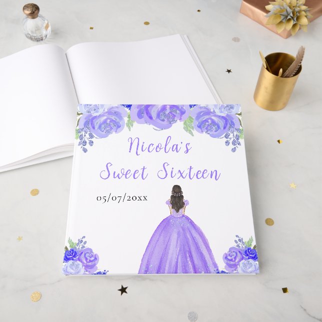 Brown Hair Princess Purple Sweet 16 Guest Book (Front Open)