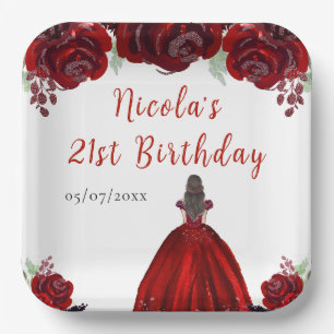 Brown Hair Princess Red Floral Birthday Paper Plate