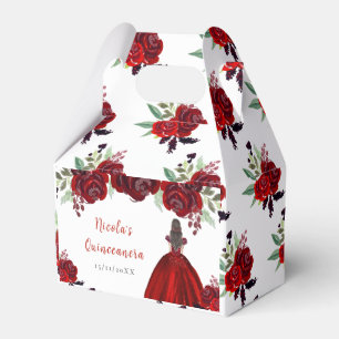Brown Hair Princess Red Floral Quinceanera Favour Box