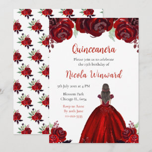 Brown Hair Princess Red Floral Quinceanera Invitation