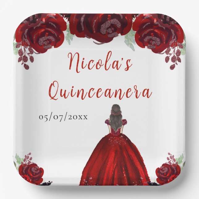 Brown Hair Princess Red Floral Quinceanera Paper Plate (Front)