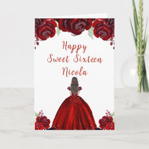 Brown Hair Princess Red Floral Sweet Sixteen  Card