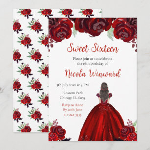 Brown Hair Princess Red Floral Sweet Sixteen Invitation