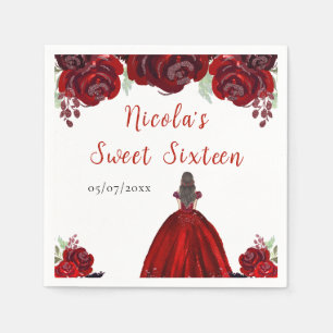 Brown Hair Princess Red Floral Sweet Sixteen  Napkin