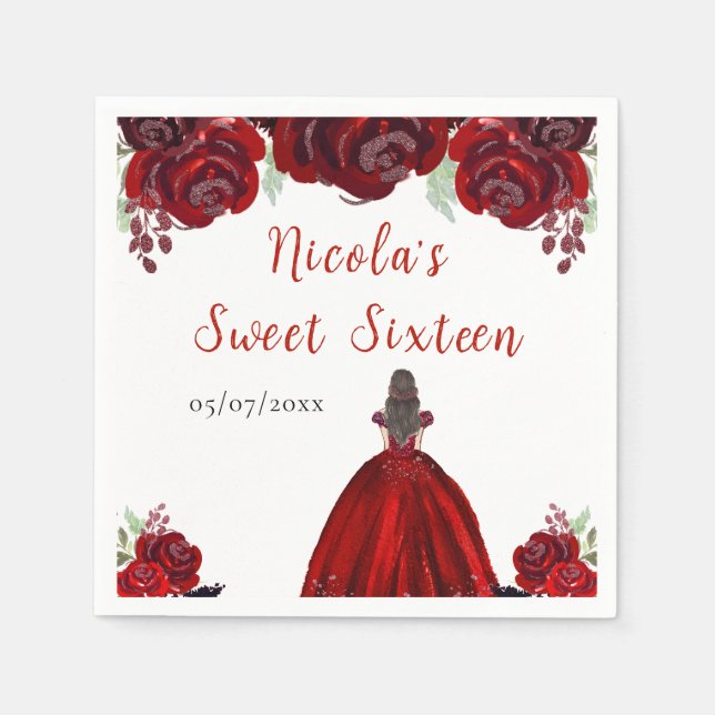 Brown Hair Princess Red Floral Sweet Sixteen  Napkin (Front)