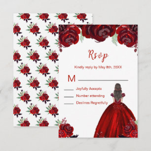 Brown Hair Princess Red Floral Sweet Sixteen RSVP Card