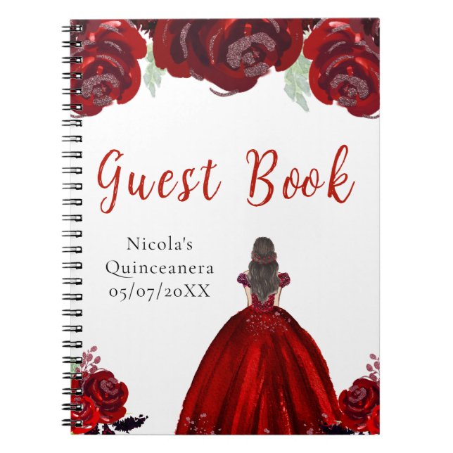 Brown Hair Princess Red Quinceanera Guest Book (Front)