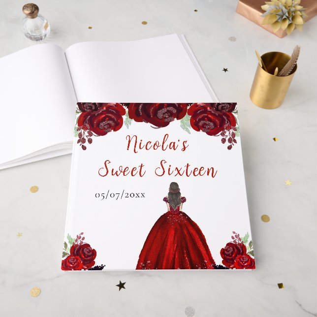 Brown Hair Princess Red Sweet Sixteen Guest Book (Front Open)