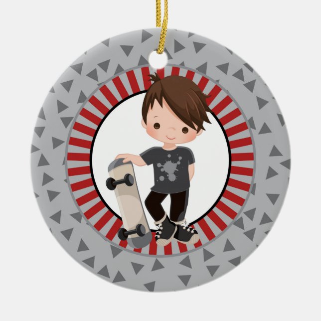 Brown Hair Skateboard Boy - Grey Red Ceramic Ornament (Front)