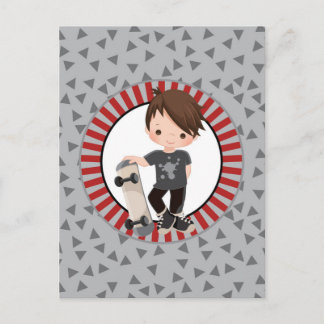 Brown Hair Skateboard Boy - Grey Red Postcard